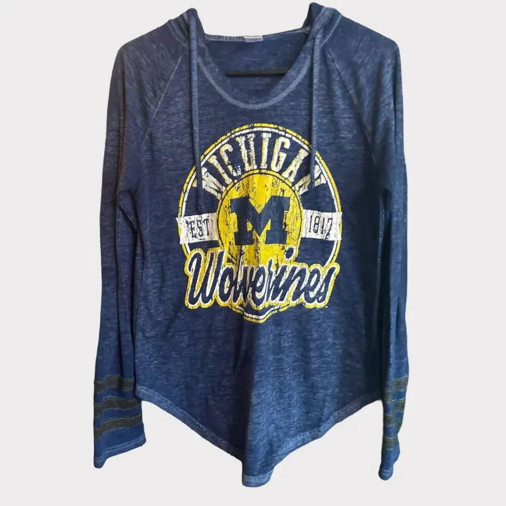 Sideline Apparel Ladies Medium Hooded Blue Shirt Michigan Wolverines Long Sleeve